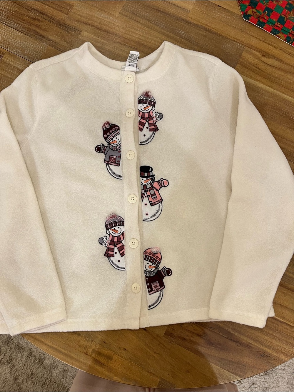 VTG Fashion Bug Cream Fleece Button-Up Cardigan with Pink & Red Snowmen